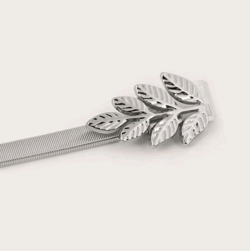 Metallic silver leaf buckle waist elegant evening dress statement thin belt - Picture 4 of 10
